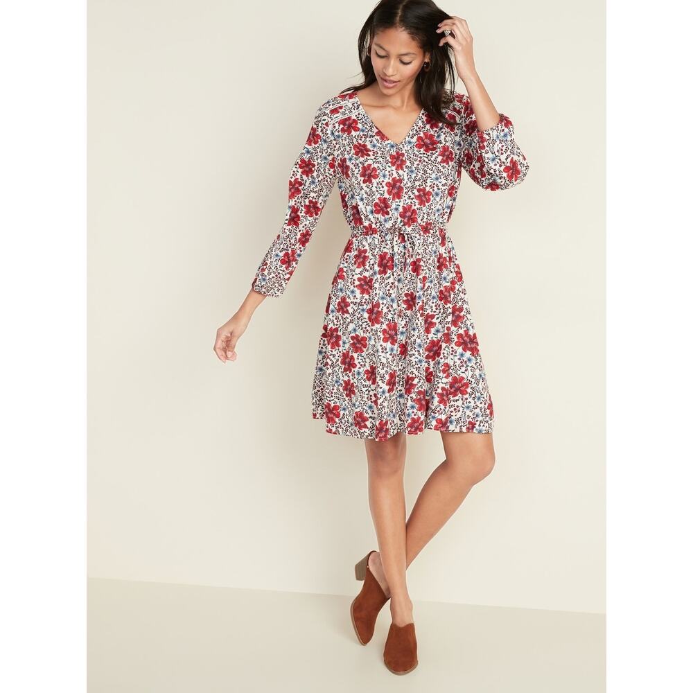 Old Navy Waist-Defined Floral V-Neck Dress Size XL Long Sleeve